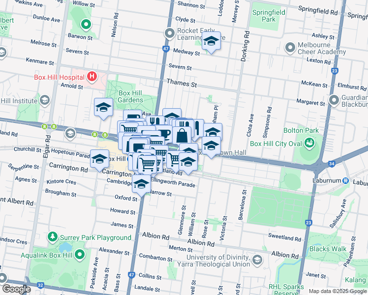 map of restaurants, bars, coffee shops, grocery stores, and more near Whitehorse Road in Box Hill