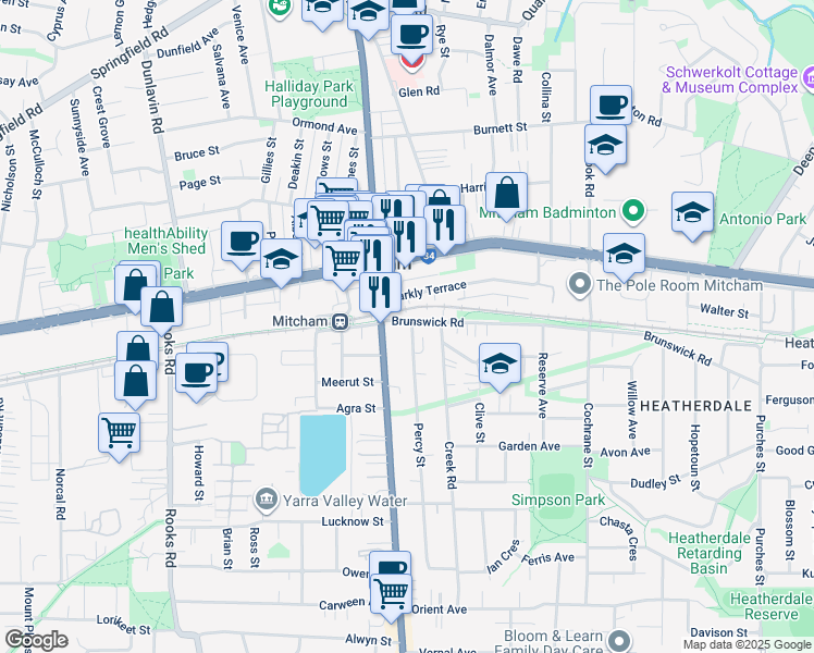 map of restaurants, bars, coffee shops, grocery stores, and more near 8 Brunswick Road in Mitcham