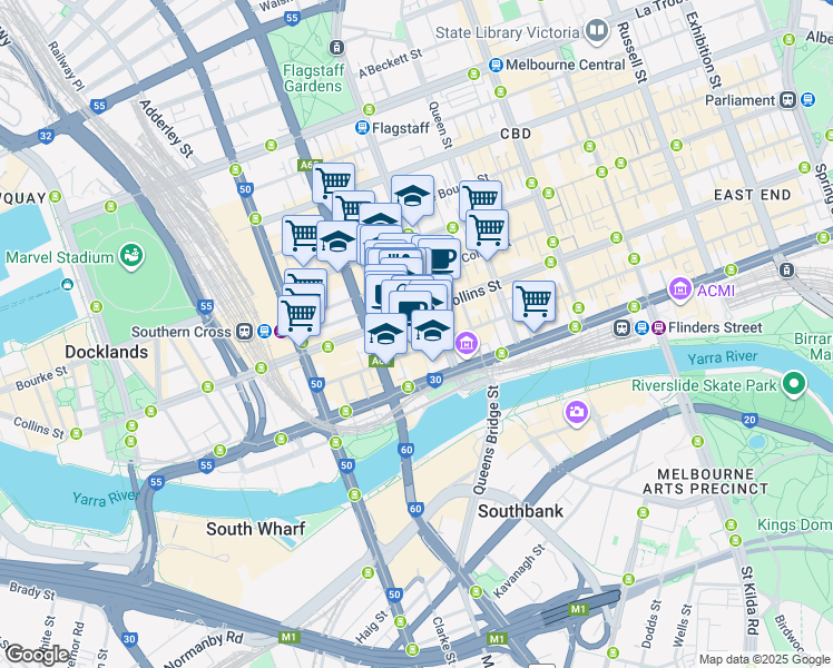 map of restaurants, bars, coffee shops, grocery stores, and more near 447 Collins Street in Melbourne