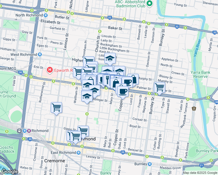 map of restaurants, bars, coffee shops, grocery stores, and more near Bridge Road in Richmond
