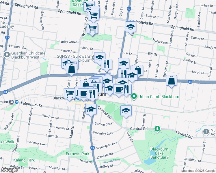 map of restaurants, bars, coffee shops, grocery stores, and more near 91 Railway Road in Blackburn