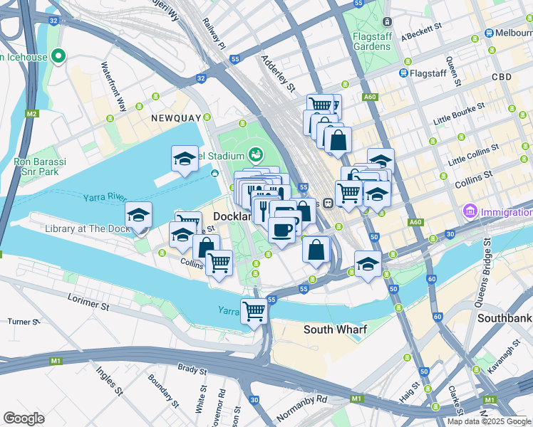 map of restaurants, bars, coffee shops, grocery stores, and more near 757 Bourke Street in Docklands