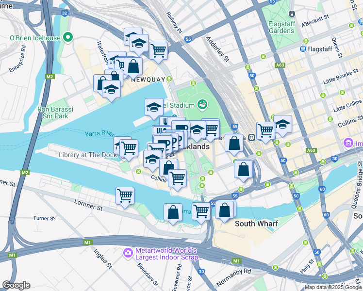map of restaurants, bars, coffee shops, grocery stores, and more near 800 Bourke Street in Docklands