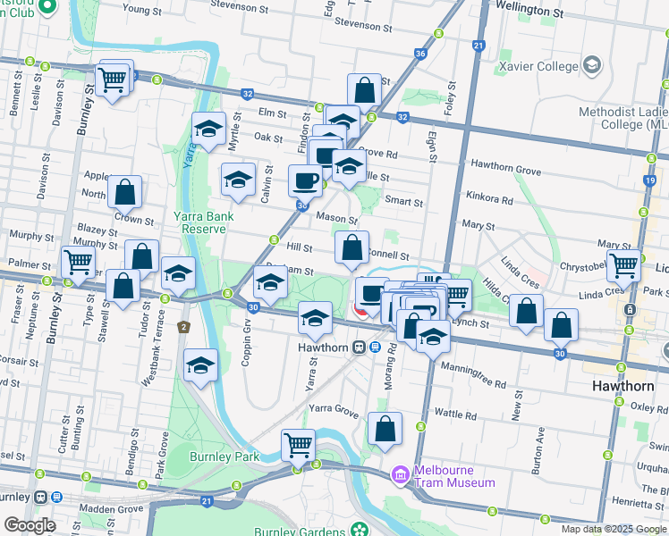 map of restaurants, bars, coffee shops, grocery stores, and more near 59 Denham Street in Hawthorn