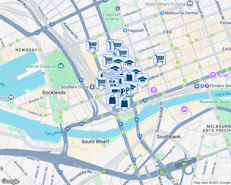 map of restaurants, bars, coffee shops, grocery stores, and more near 595 Collins Street in Melbourne