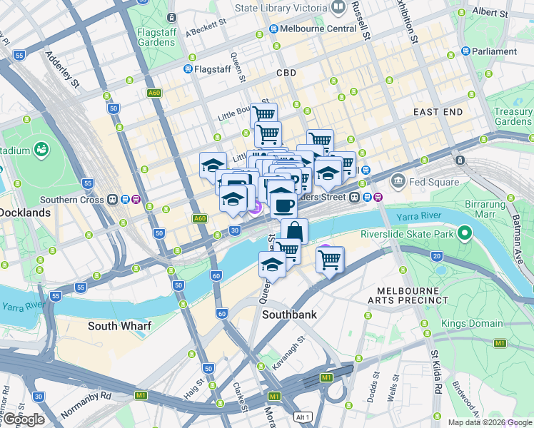 map of restaurants, bars, coffee shops, grocery stores, and more near 400 Flinders Street in Melbourne