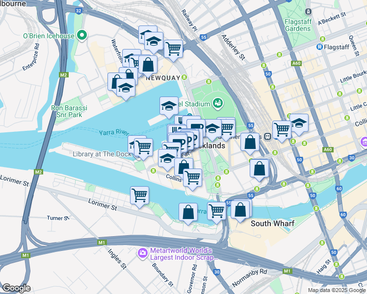 map of restaurants, bars, coffee shops, grocery stores, and more near 800 Bourke Street in Docklands