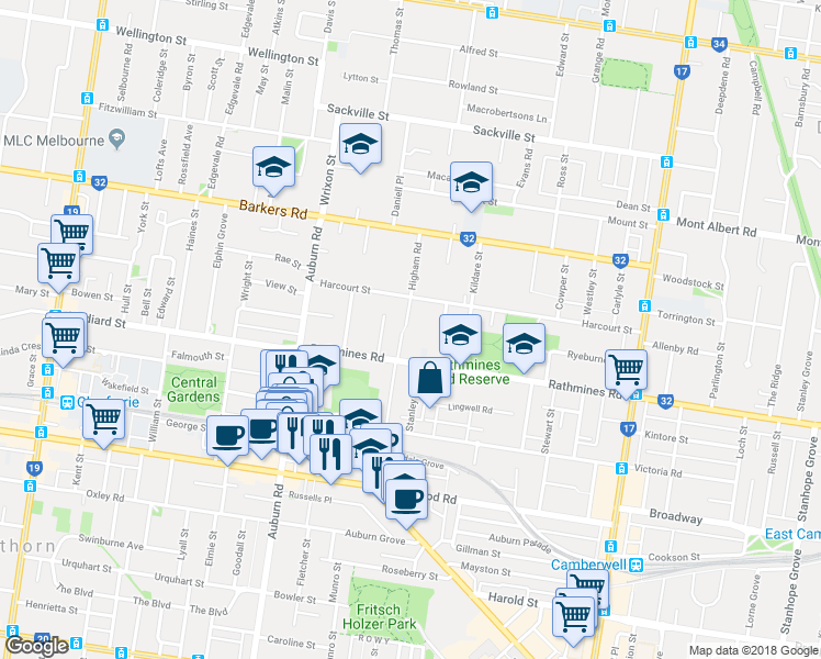 map of restaurants, bars, coffee shops, grocery stores, and more near 6 Laurel Court in Hawthorn East