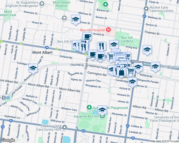 map of restaurants, bars, coffee shops, grocery stores, and more near 120 Carrington Road in Box Hill
