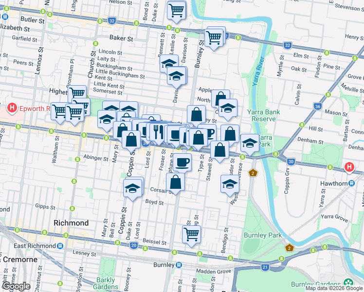 map of restaurants, bars, coffee shops, grocery stores, and more near 523 Bridge Road in Richmond