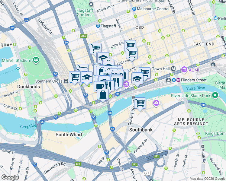 map of restaurants, bars, coffee shops, grocery stores, and more near 452 Flinders Street in Melbourne