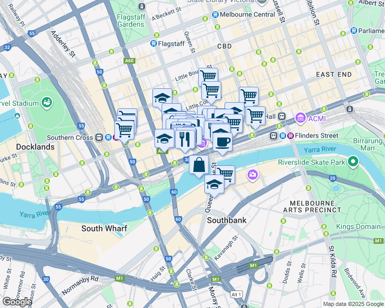 map of restaurants, bars, coffee shops, grocery stores, and more near 1 William Street in Melbourne