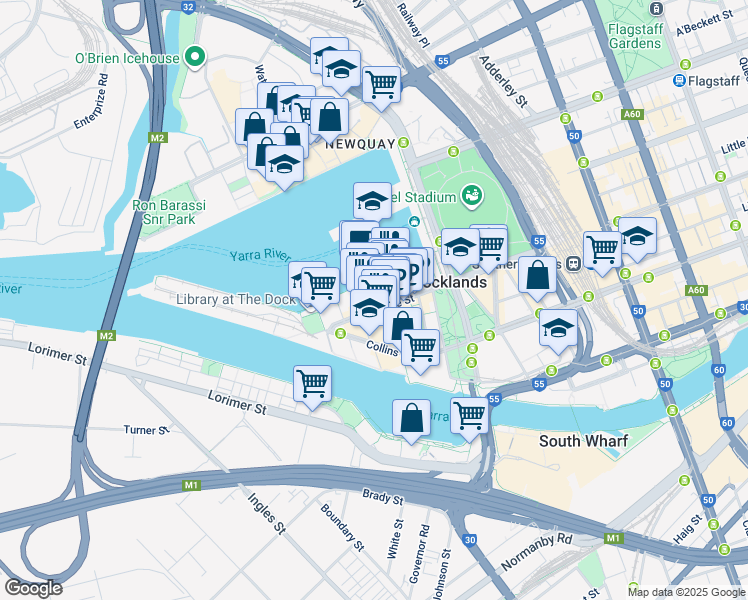 map of restaurants, bars, coffee shops, grocery stores, and more near 55 Victoria Harbour Promenade in Docklands