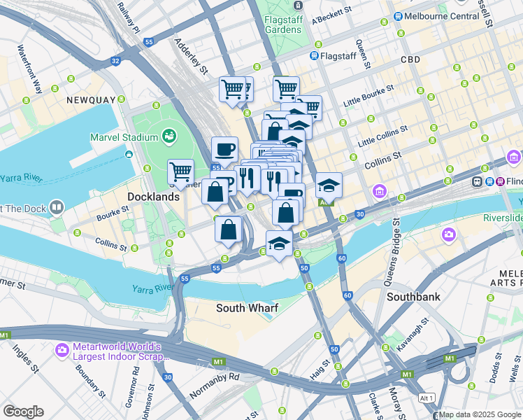 map of restaurants, bars, coffee shops, grocery stores, and more near 655 Collins Street in Docklands