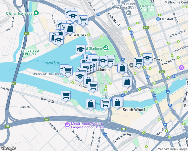 map of restaurants, bars, coffee shops, grocery stores, and more near 801 Bourke Street in Docklands