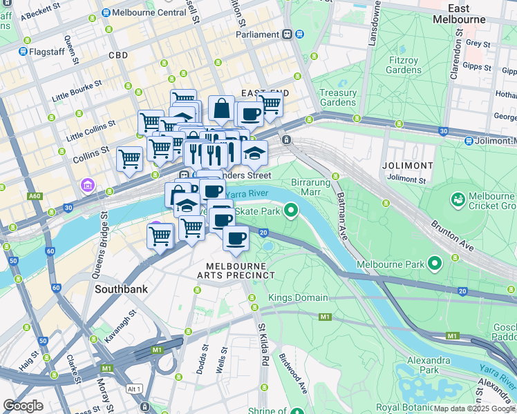 map of restaurants, bars, coffee shops, grocery stores, and more near 3 Boathouse Drive in Melbourne