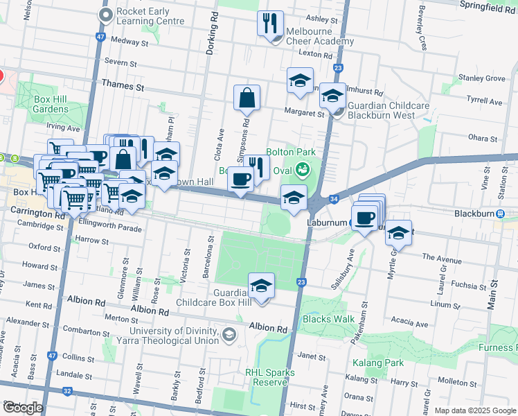 map of restaurants, bars, coffee shops, grocery stores, and more near 1146 Whitehorse Road in Box Hill