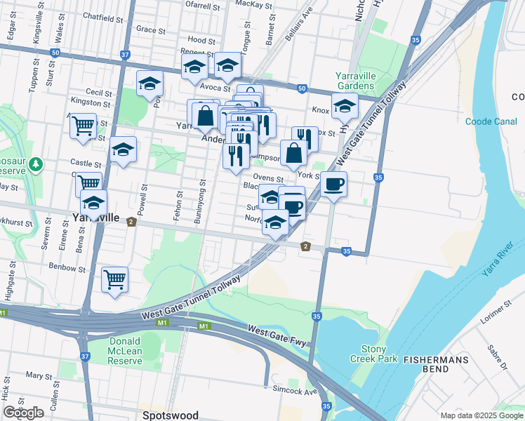 map of restaurants, bars, coffee shops, grocery stores, and more near 29 Sussex Street in Yarraville