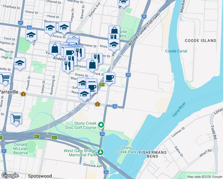 map of restaurants, bars, coffee shops, grocery stores, and more near 243 Hyde Street in Yarraville