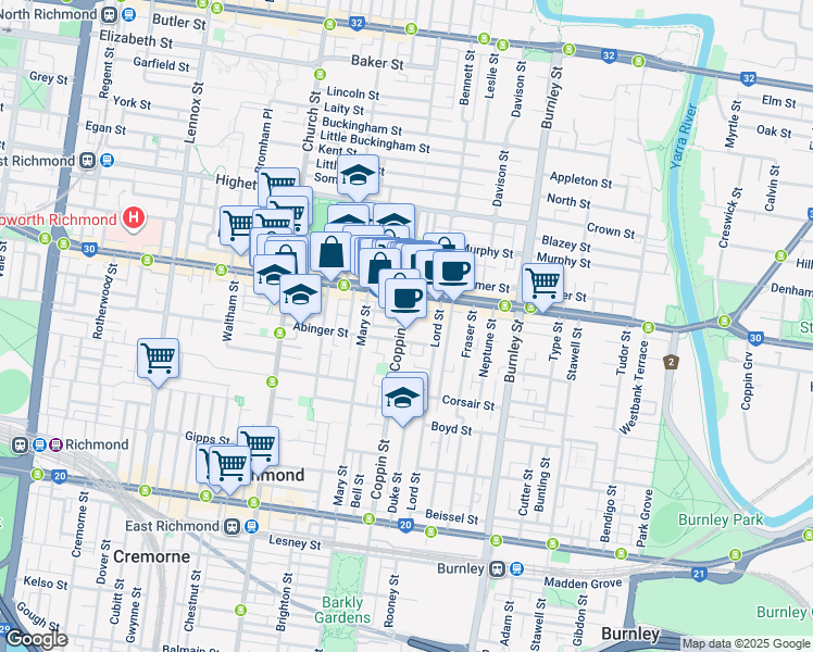 map of restaurants, bars, coffee shops, grocery stores, and more near 71 Abinger Street in Richmond