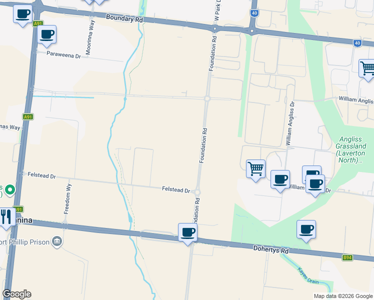 map of restaurants, bars, coffee shops, grocery stores, and more near 50 Foundation Road in Truganina