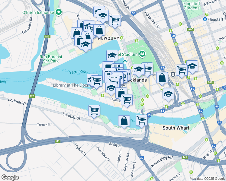 map of restaurants, bars, coffee shops, grocery stores, and more near 833 Bourke Street in Docklands