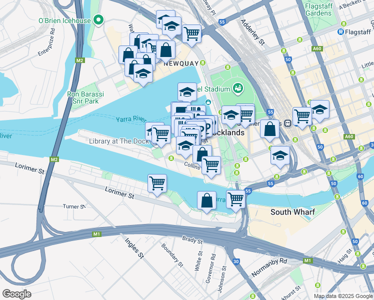 map of restaurants, bars, coffee shops, grocery stores, and more near 833 Bourke Street in Docklands