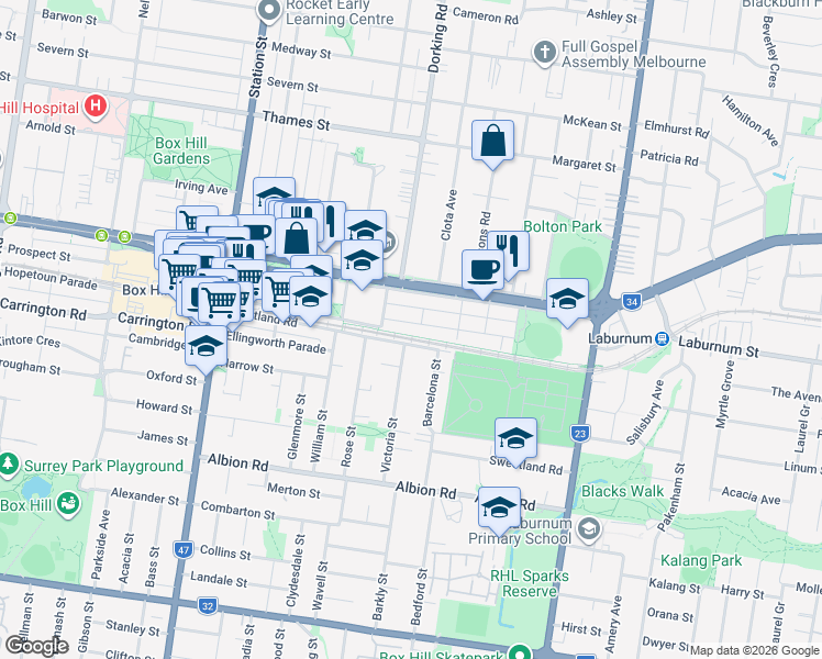 map of restaurants, bars, coffee shops, grocery stores, and more near 14 Bishop Street in Box Hill