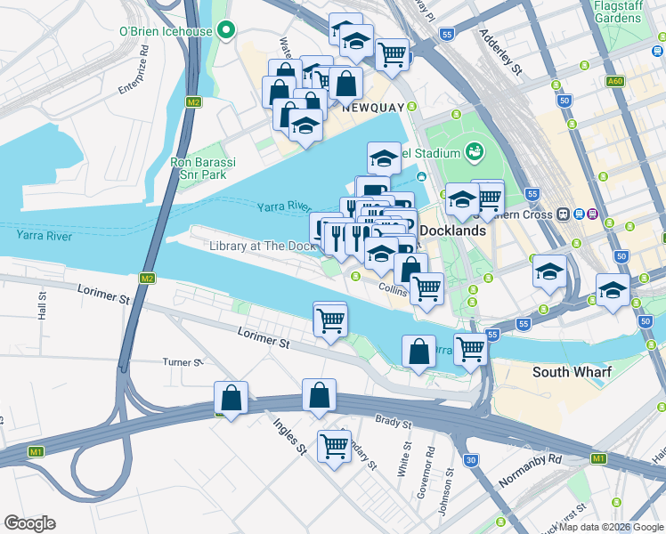 map of restaurants, bars, coffee shops, grocery stores, and more near 894-910 Collins Street in Docklands