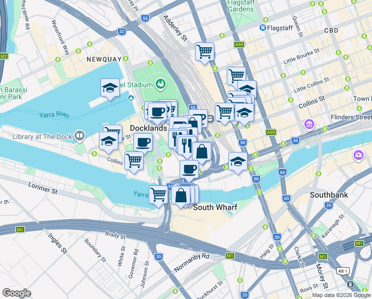 map of restaurants, bars, coffee shops, grocery stores, and more near 727 Collins Street in Docklands