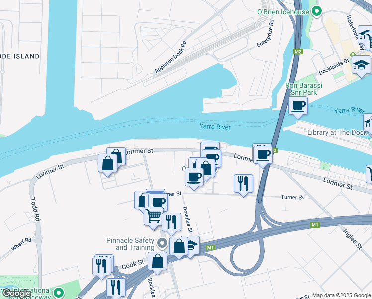 map of restaurants, bars, coffee shops, grocery stores, and more near Lorimer Street in Melbourne City