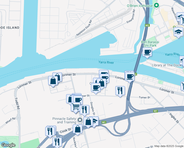 map of restaurants, bars, coffee shops, grocery stores, and more near Lorimer Street in Melbourne