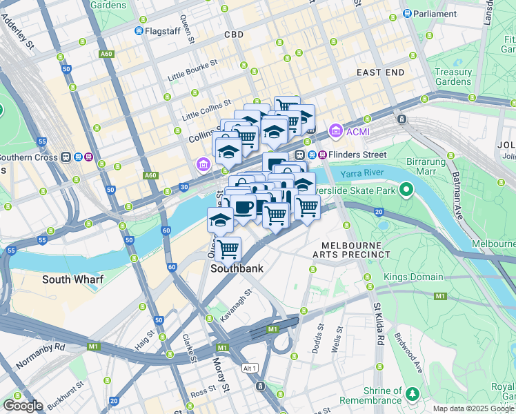 map of restaurants, bars, coffee shops, grocery stores, and more near 6 Riverside Quay in Southbank