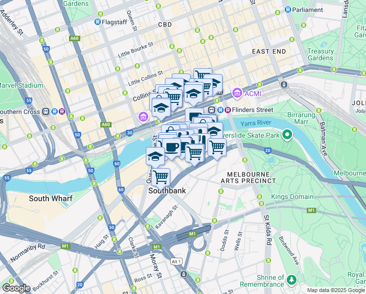 map of restaurants, bars, coffee shops, grocery stores, and more near 6 Riverside Quay in Southbank
