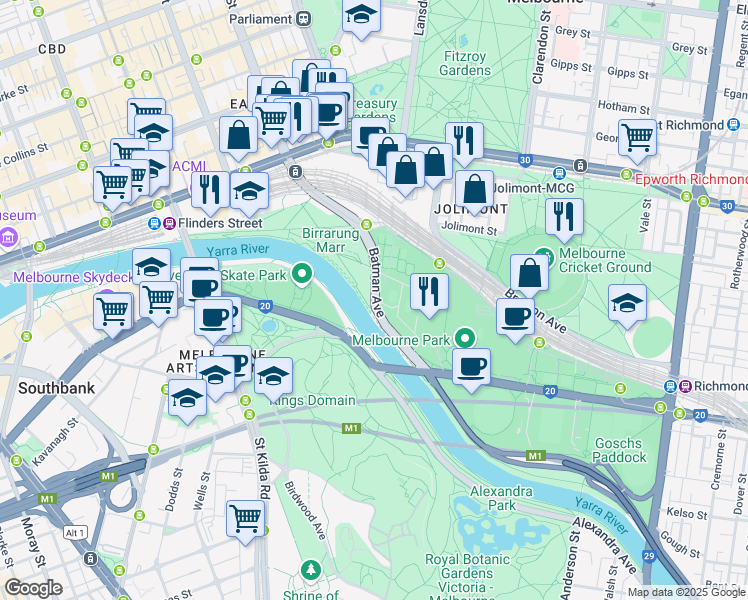 map of restaurants, bars, coffee shops, grocery stores, and more near Batman Avenue in Melbourne