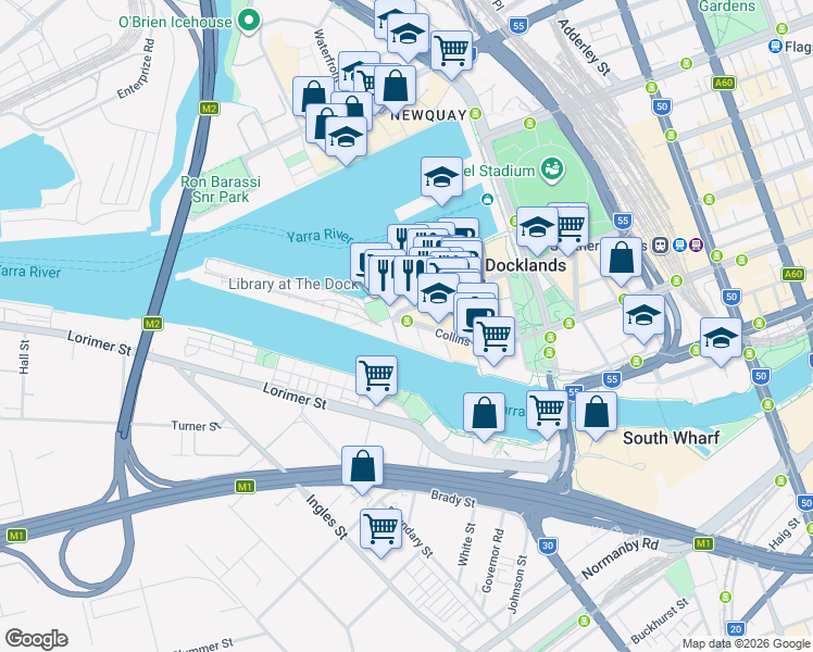 map of restaurants, bars, coffee shops, grocery stores, and more near 889 Collins Street in Docklands