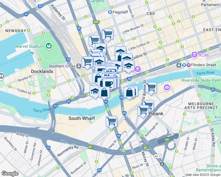 map of restaurants, bars, coffee shops, grocery stores, and more near 555 Flinders Street in Melbourne