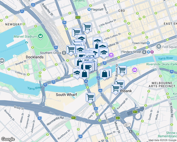 map of restaurants, bars, coffee shops, grocery stores, and more near 557 Flinders Street in Melbourne