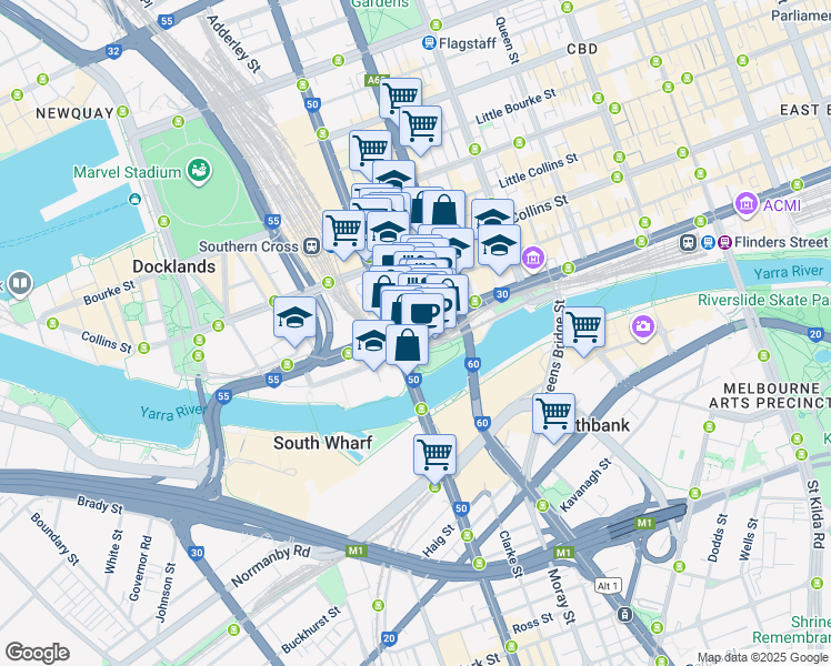 map of restaurants, bars, coffee shops, grocery stores, and more near 565 Flinders Street in Melbourne