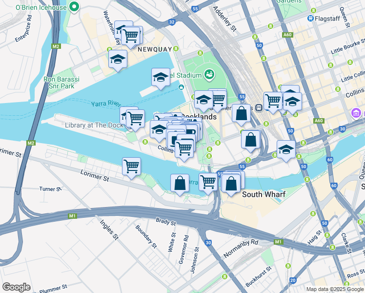 map of restaurants, bars, coffee shops, grocery stores, and more near 838 Collins Street in Docklands