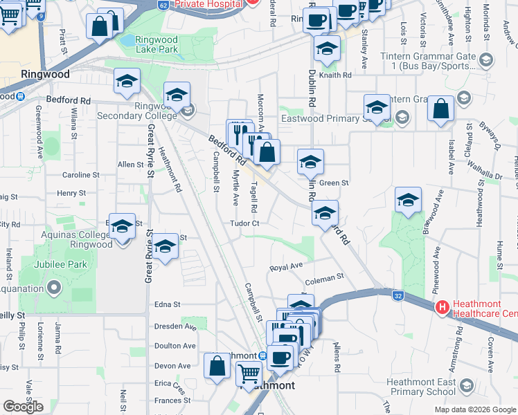 map of restaurants, bars, coffee shops, grocery stores, and more near 13 Tagell Road in Heathmont