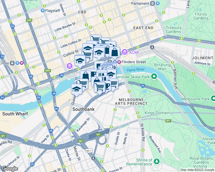 map of restaurants, bars, coffee shops, grocery stores, and more near 60 City Road in Southbank