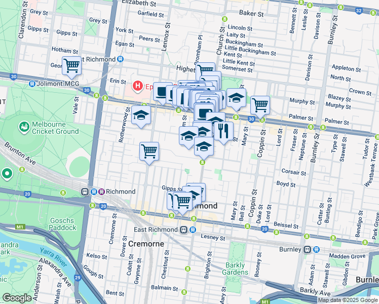 map of restaurants, bars, coffee shops, grocery stores, and more near 20 Darlington Parade in Richmond