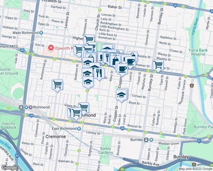 map of restaurants, bars, coffee shops, grocery stores, and more near 6 Princess Street in Richmond