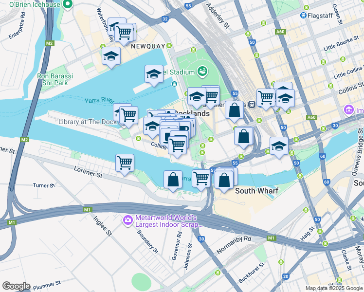 map of restaurants, bars, coffee shops, grocery stores, and more near 800 Collins Street in Docklands