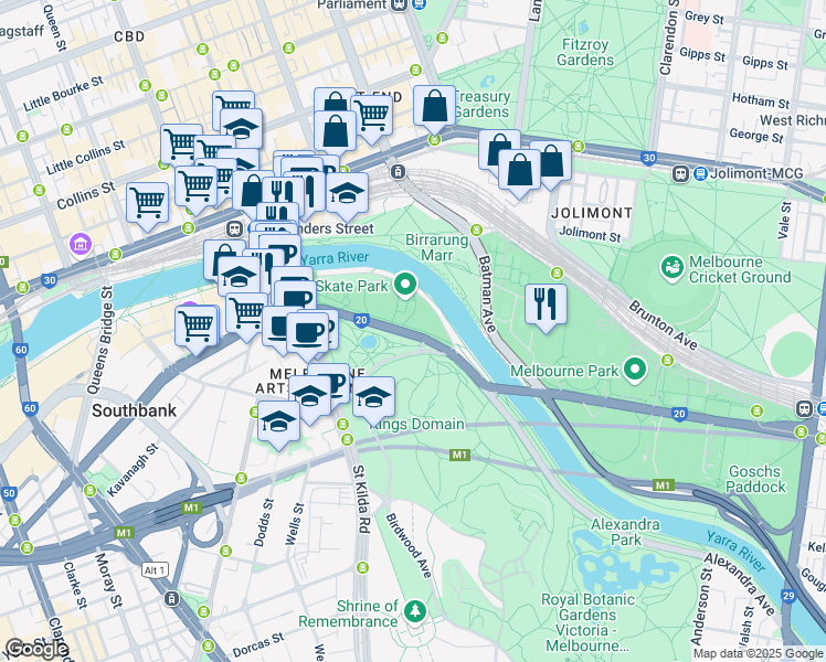 map of restaurants, bars, coffee shops, grocery stores, and more near 3 Alexandra Avenue in Melbourne