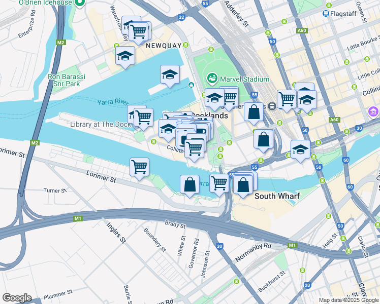 map of restaurants, bars, coffee shops, grocery stores, and more near 889 Collins Street in Docklands