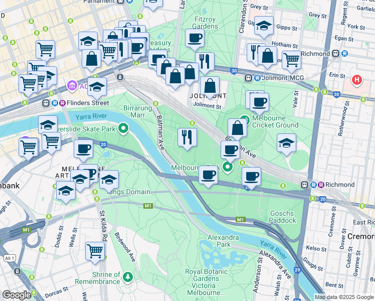 map of restaurants, bars, coffee shops, grocery stores, and more near Batman Avenue in Melbourne