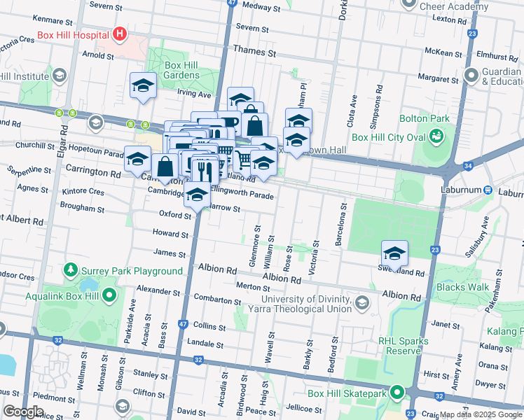 map of restaurants, bars, coffee shops, grocery stores, and more near 41 Harrow Street in Box Hill