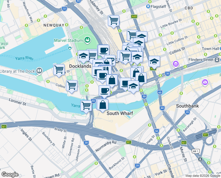 map of restaurants, bars, coffee shops, grocery stores, and more near 8 McCrae Street in Docklands